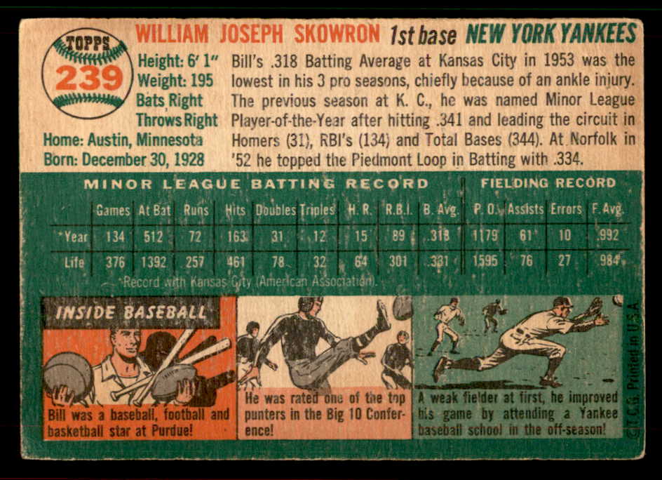 1954 Topps Baseball #239 Bill Skowron Yankees VG-EX 567489