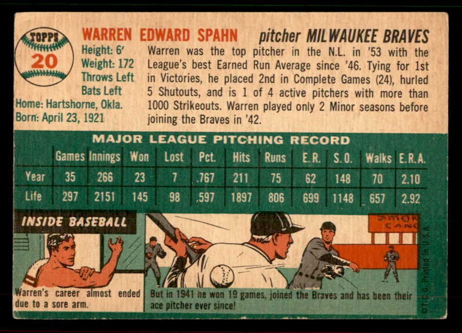 1954 Topps Baseball #020 Warren Spahn Braves VG-EX 567490