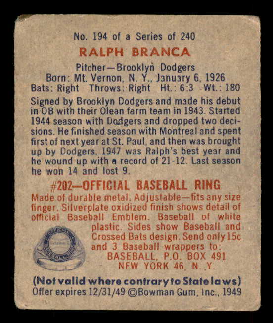 1949 Bowman Baseball #194 Ralph Branca Dodgers GD-VG 567501