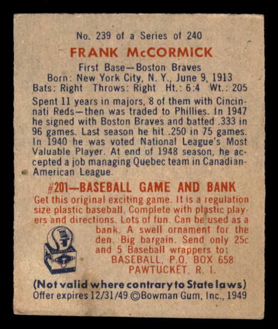 1949 Bowman Baseball #239 Frank McCormick Braves EX-MT 567503