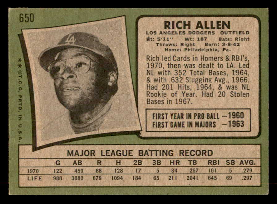 1971 Topps Baseball #650 Rich Allen Dodgers EX 567511