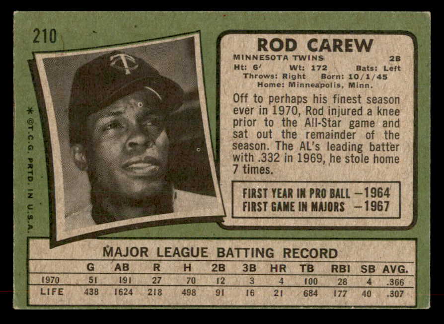 1971 Topps Baseball #210 Rod Carew Twins VG-EX 567514