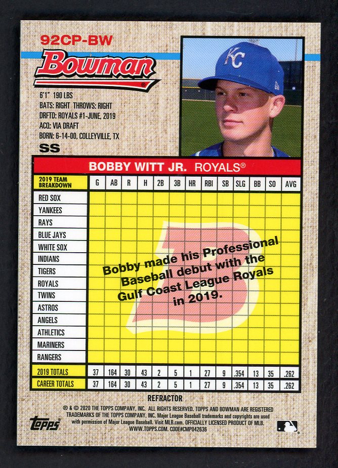 2020 Bowman Refractor #92CP-BW Bobby Witt Jr Royals NR-MT 567518