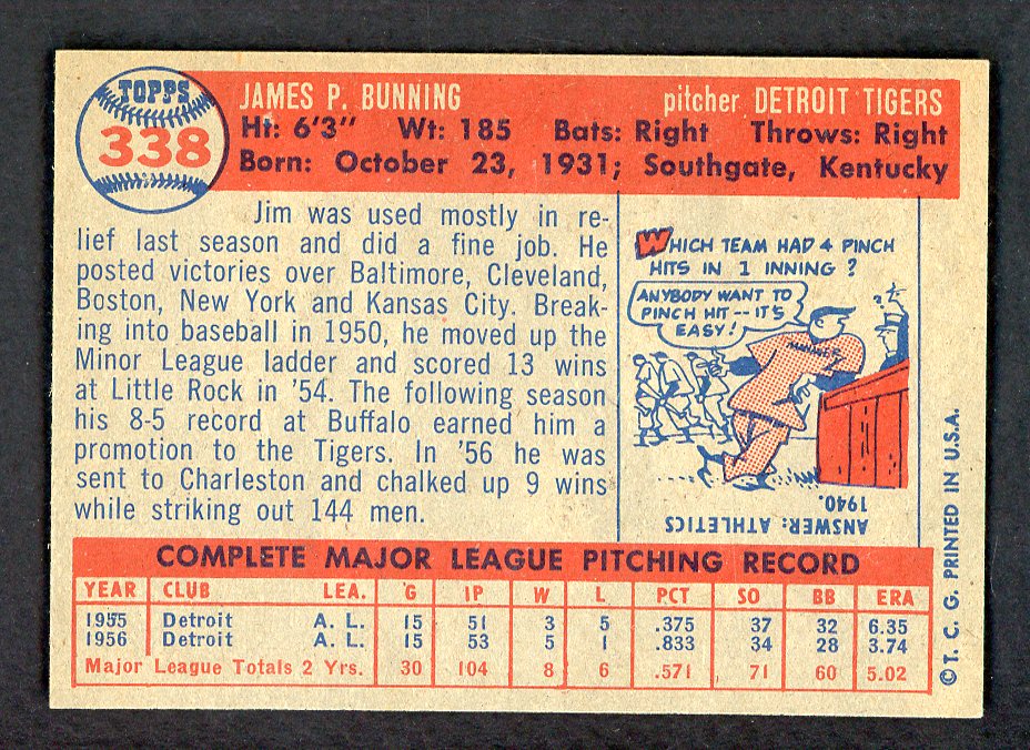1957 Topps Baseball #338 Jim Bunning Tigers NR-MT 567580