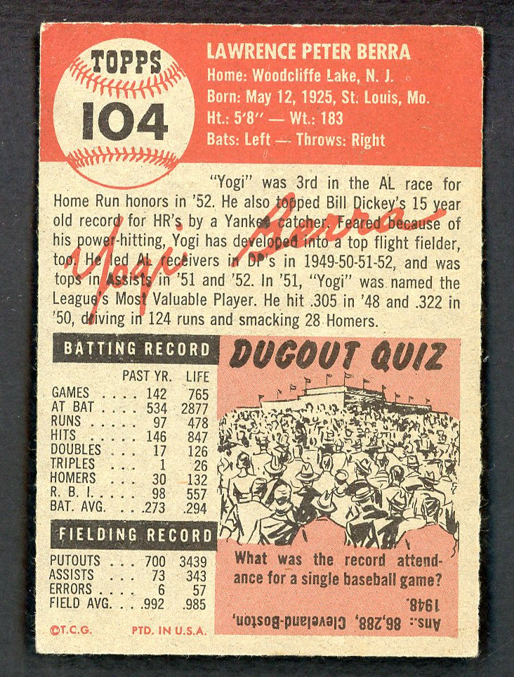 1953 Topps Baseball #104 Yogi Berra Yankees VG-EX 567599