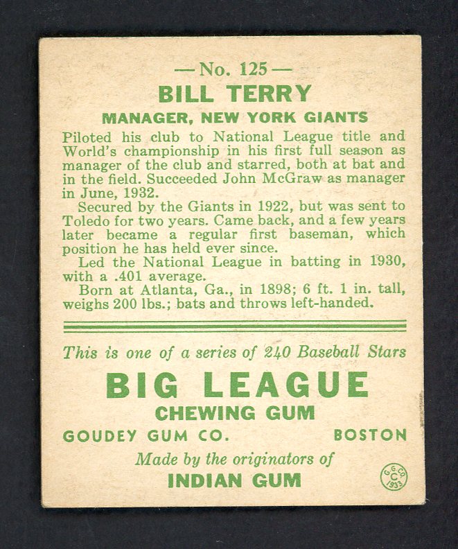 1933 Goudey #125 Bill Terry Giants GD (Trimmed) 567681