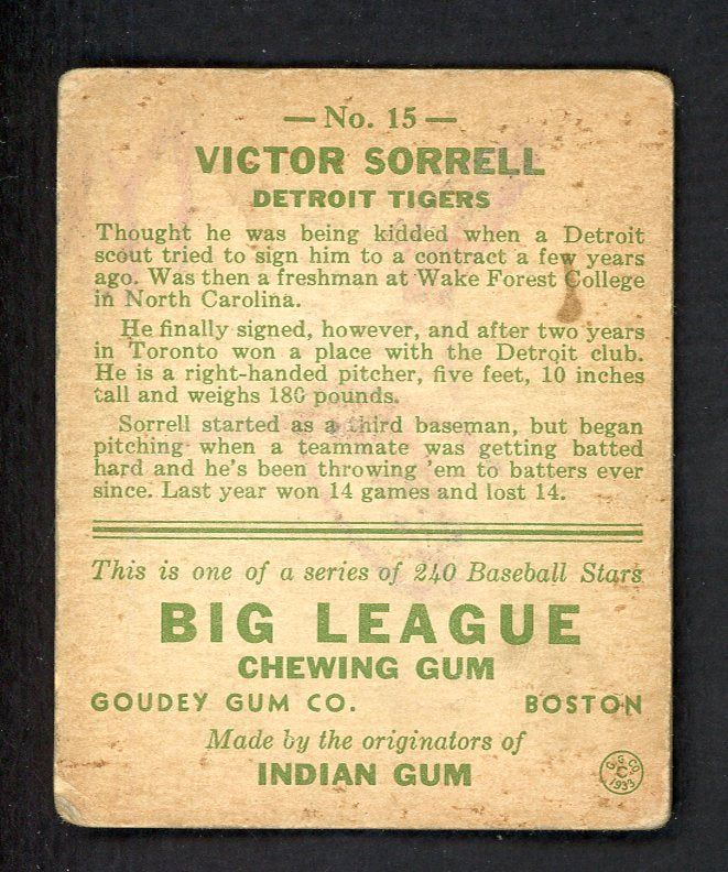 1933 Goudey #015 Victor Sorrell Tigers VG 567688