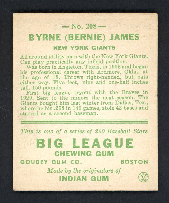 1933 Goudey #208 Byrne (Bernie) James Giants EX+ 567692