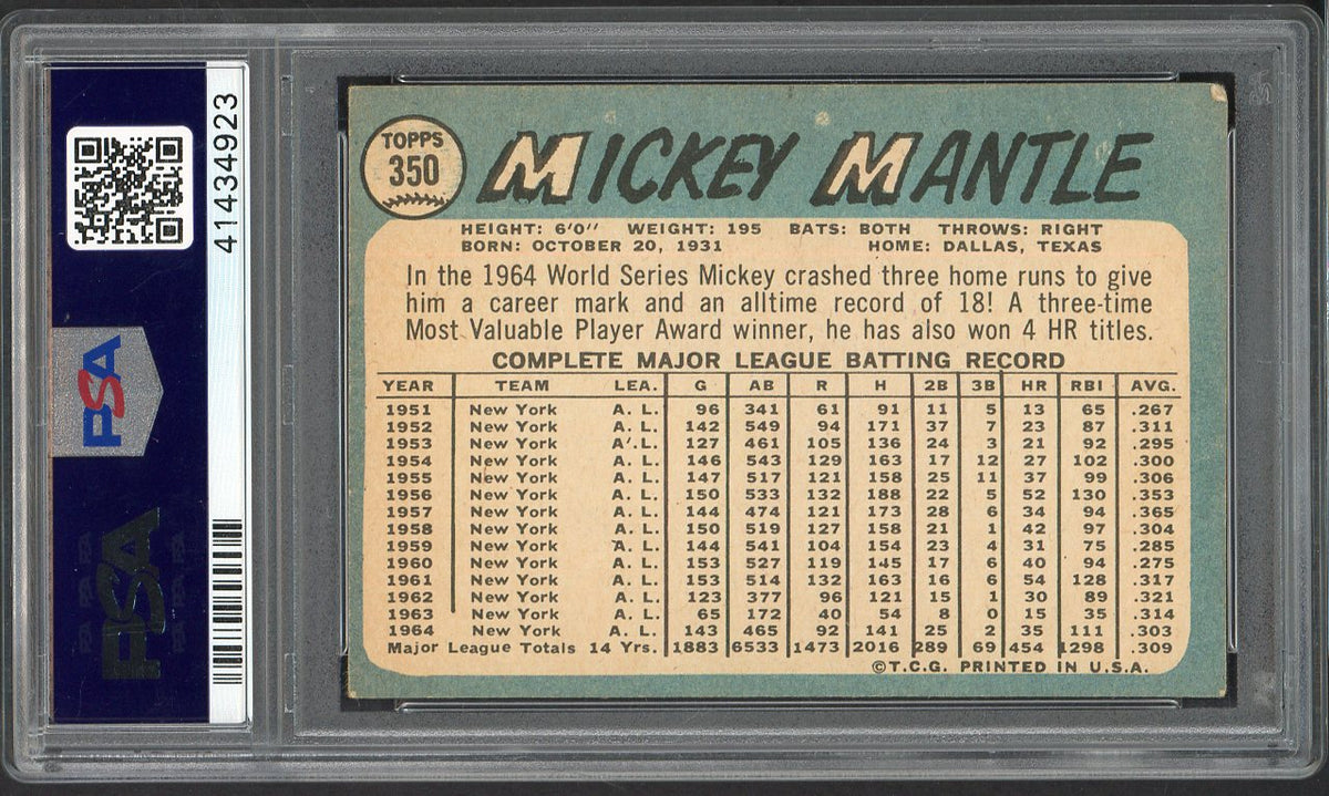 1965 Topps Baseball #350 Mickey Mantle Yankees PSA 4 VG-EX mk 567788