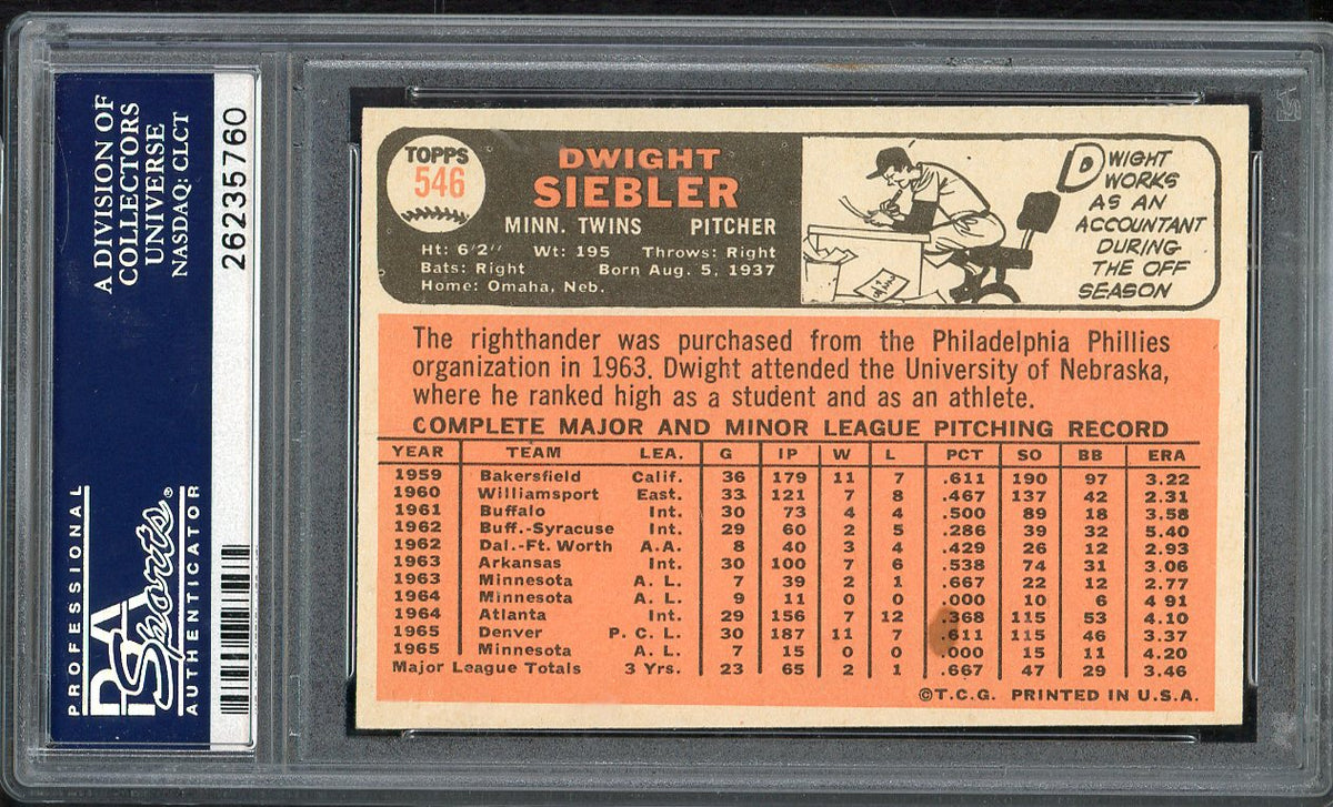 1966 Topps Baseball #546 Dwight Siebler Twins PSA 6 EX-MT 567801