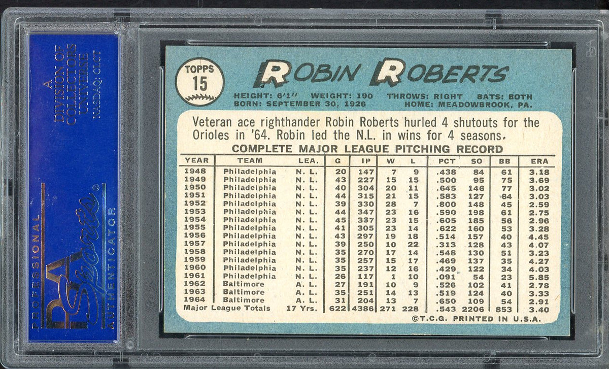 1965 Topps Baseball #015 Robin Roberts Orioles PSA 8 NM/MT 567805