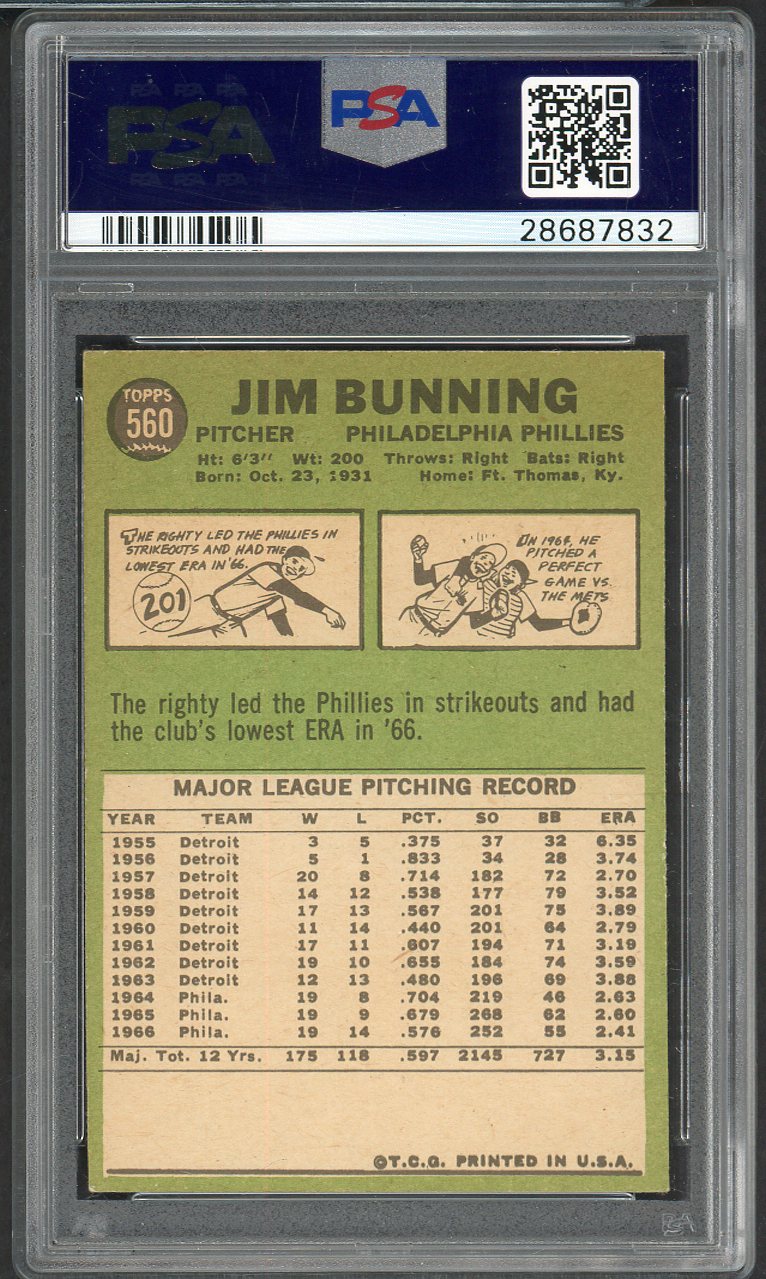 1967 Topps Baseball #560 Jim Bunning Phillies PSA 6 EX-MT 567820