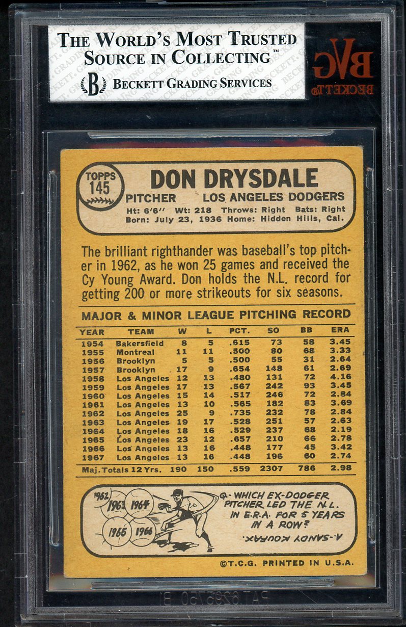 1968 Topps Baseball #145 Don Drysdale Dodgers BVG 5 EX 567871
