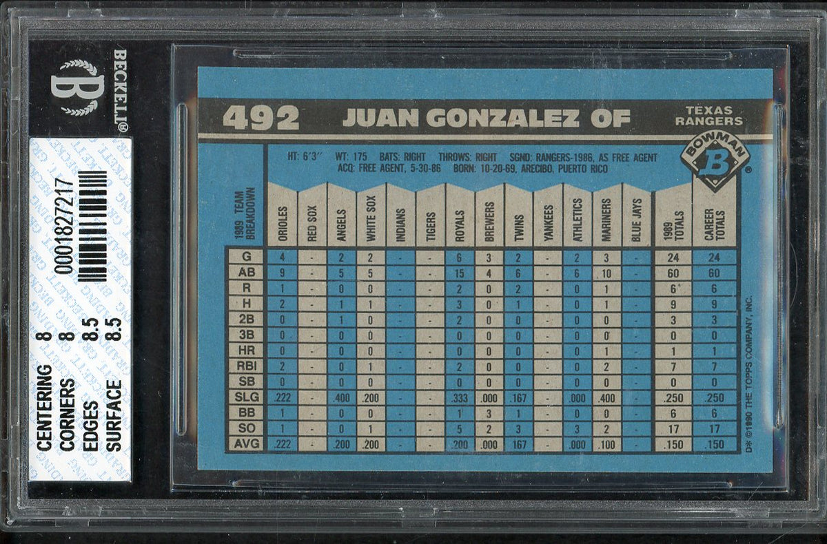 1990 Bowman #492 Juan Gonzalez Rangers BVG 8 NM/MT 567897