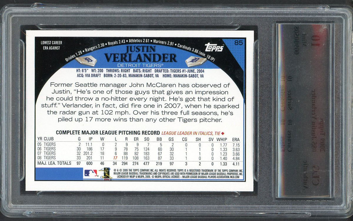 2009 Topps #085 Justin Verlander Tigers CLG 10 MINT 567954
