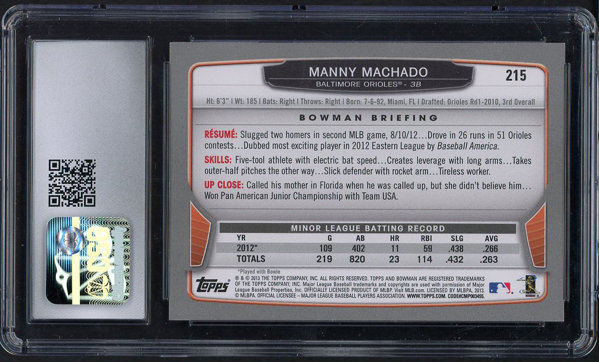 2013 Bowman #215 Manny Machado Orioles CSG 9.5 MINT+ Gold 567959