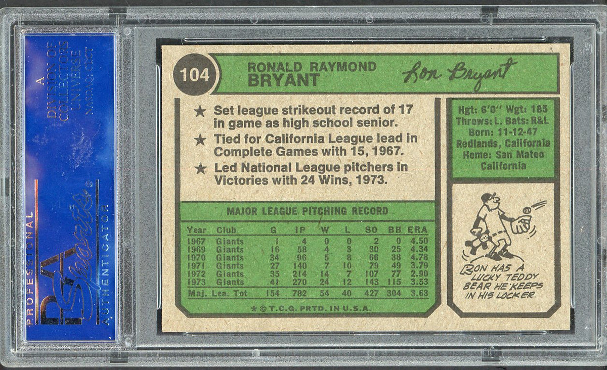 1974 Topps Baseball #104 Ron Bryant Giants PSA 9 MINT 568146