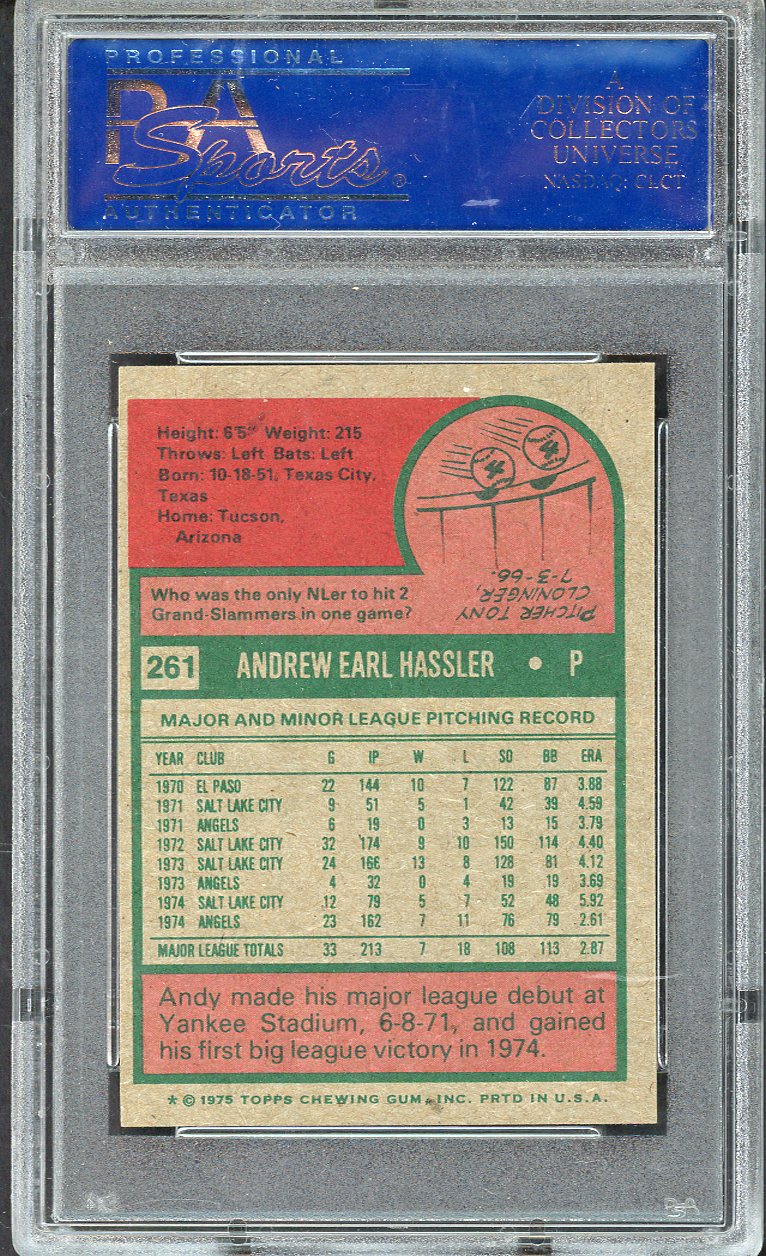 1975 Topps Mini Baseball #261 Andy Hassler Angels PSA 8 NM/MT 568149