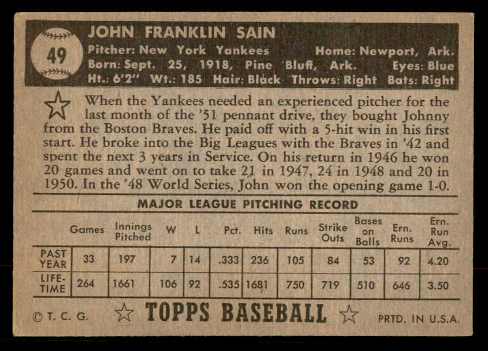 1952 Topps Baseball # 49 Johnny Sain Yankees VG-EX Black 568372