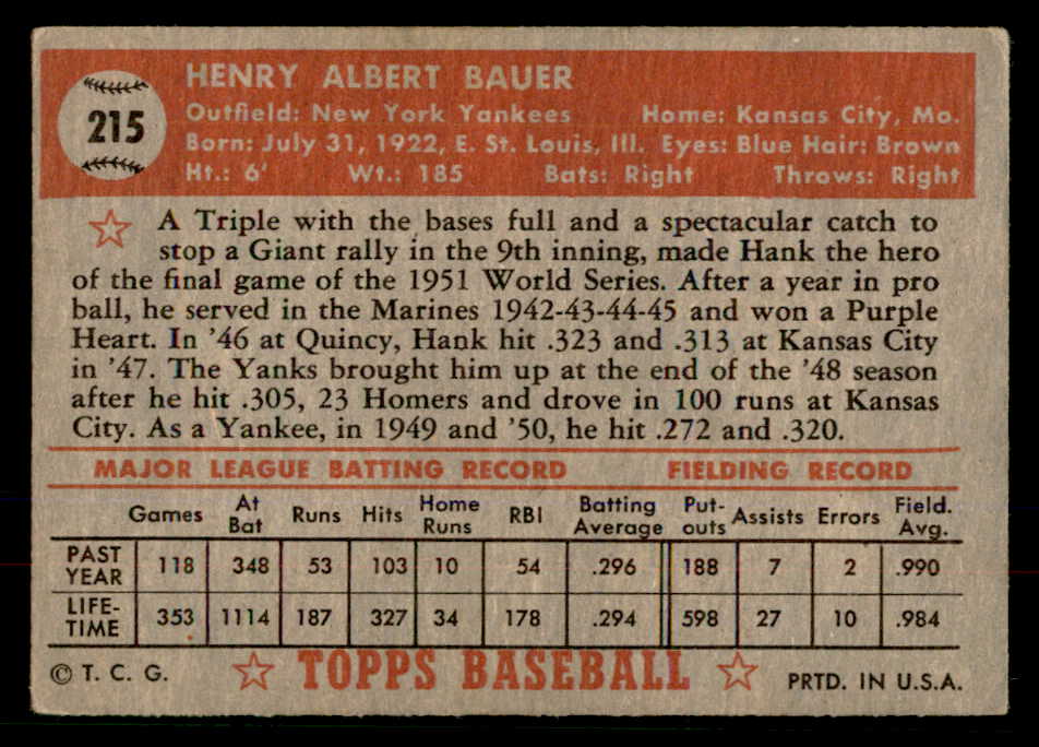1952 Topps Baseball #215 Hank Bauer Yankees VG-EX 568375