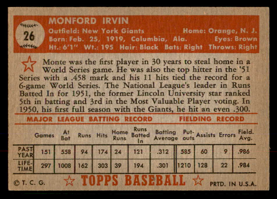 1952 Topps Baseball # 26 Monte Irvin Giants EX+/EX-MT Red 568381
