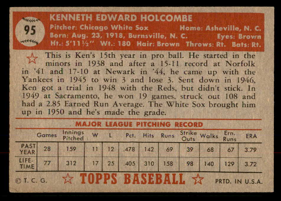 1952 Topps Baseball # 95 Ken Holcombe White Sox EX-MT 568383