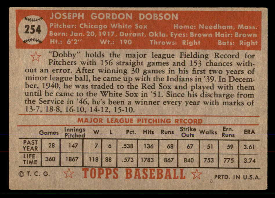 1952 Topps Baseball #254 Joe Dobson White Sox EX-MT 568385