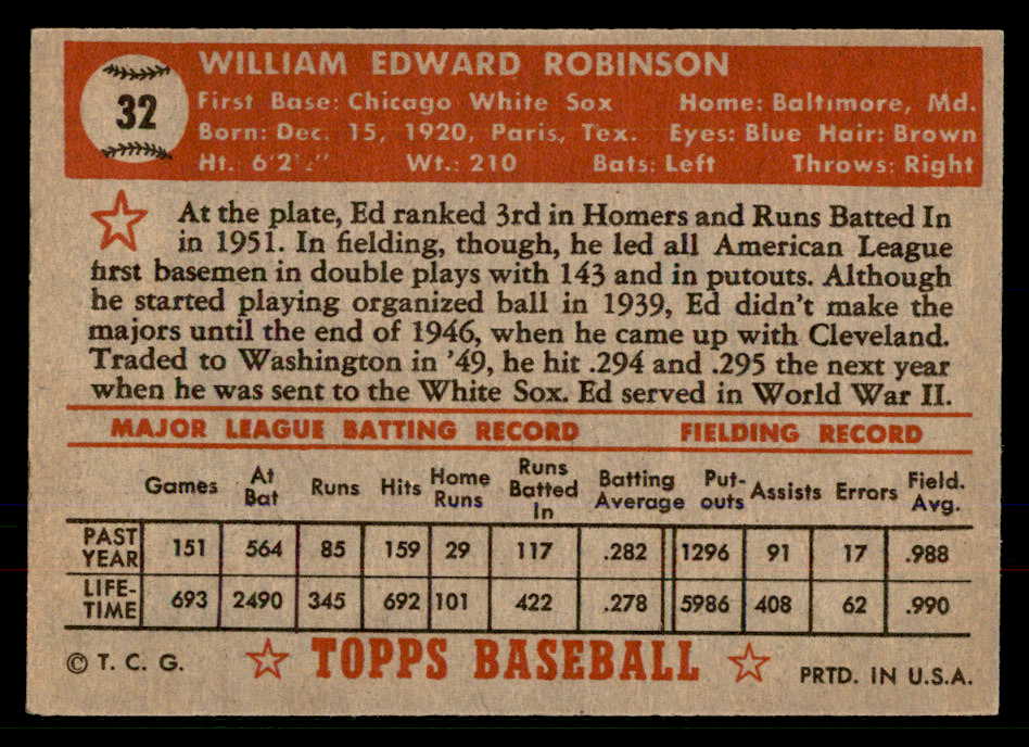 1952 Topps Baseball # 32 Eddie Robinson White Sox EX-MT Red 568388