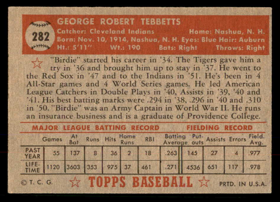 1952 Topps Baseball #282 Birdie Tebbetts Indians EX-MT 568395