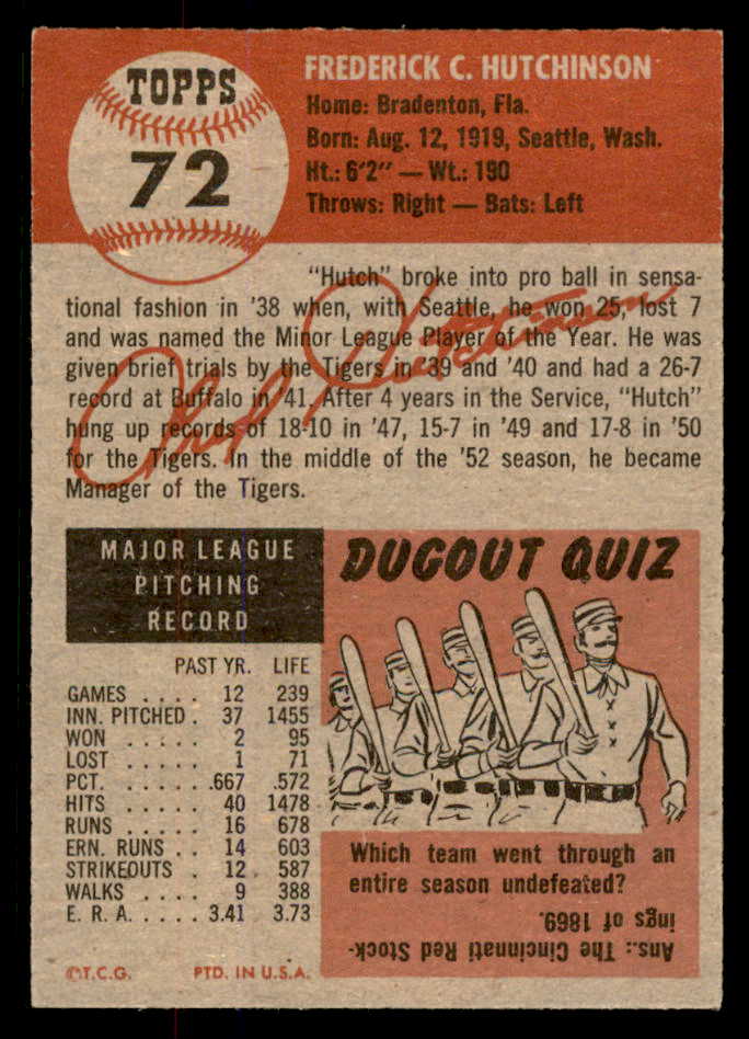 1953 Topps Baseball # 72 Fred Hutchinson Tigers EX-MT 568397