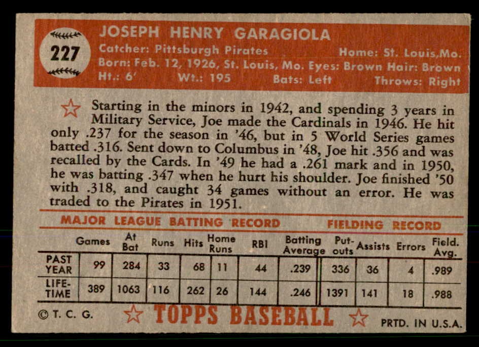 1952 Topps Baseball #227 Joe Garagiola Pirates EX+/EX-MT 568401