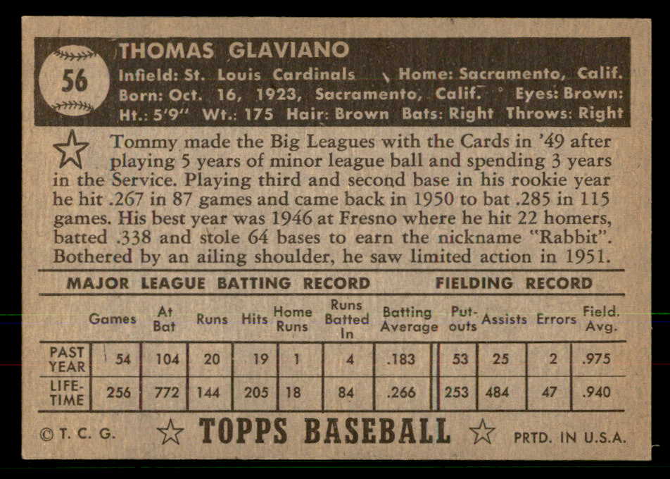 1952 Topps Baseball # 56 Tommy Glaviano Cardinals EX-MT Black 568405