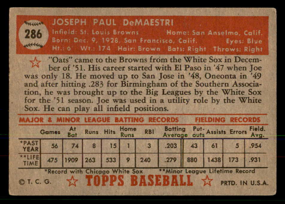 1952 Topps Baseball #286 Joe Demaestri Browns VG/VG-EX 568430