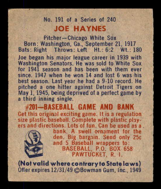 1949 Bowman Baseball #191 Joe Haynes White Sox EX-MT 568446