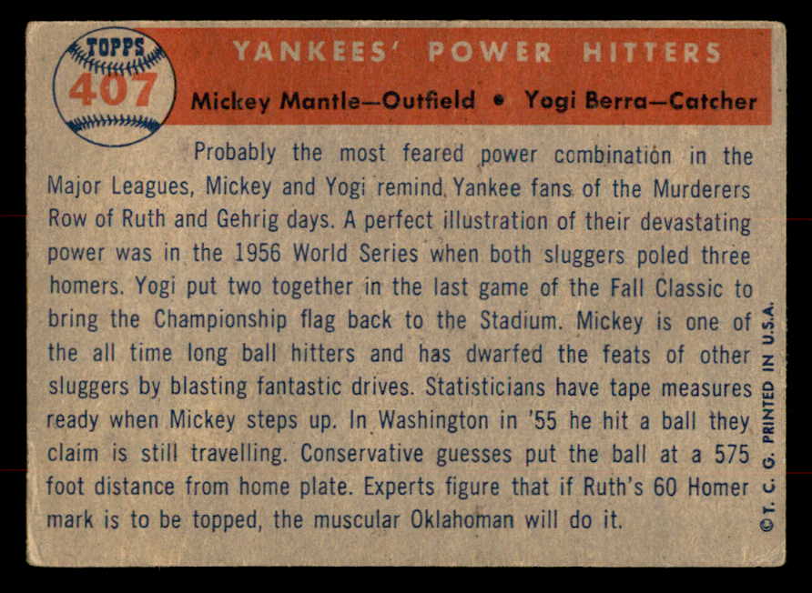 1957 Topps Baseball #407 Mickey Mantle Yogi Berra VG 568471