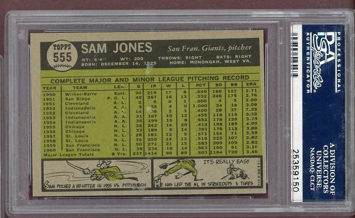 1961 Topps Baseball #555 Sam Jones Giants PSA 9 MINT oc 568661