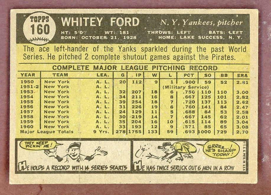 1961 Topps Baseball #160 Whitey Ford Yankees VG-EX 568696