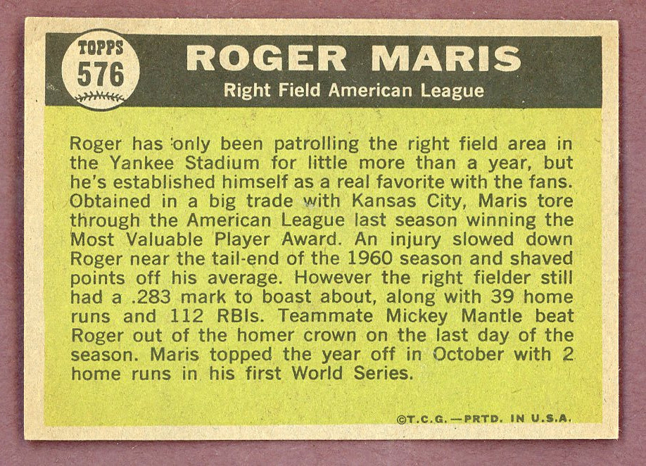 1961 Topps Baseball #576 Roger Maris A.S. Yankees EX-MT 568706
