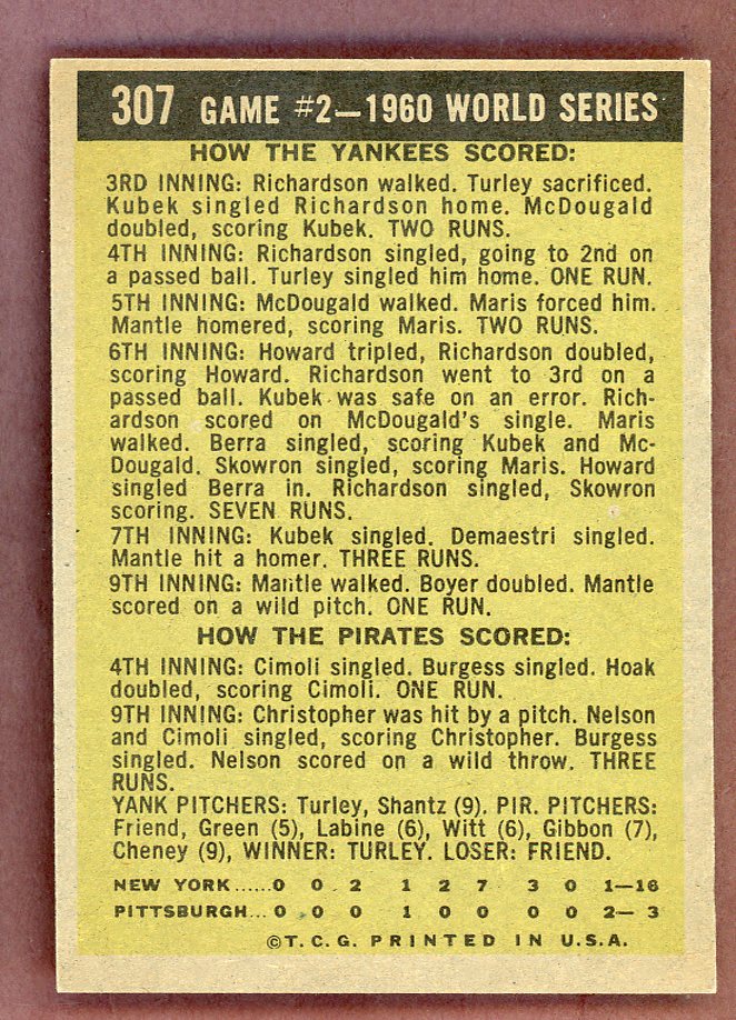 1961 Topps Baseball #307 World Series Game 2 Mickey Mantle EX-MT 568711