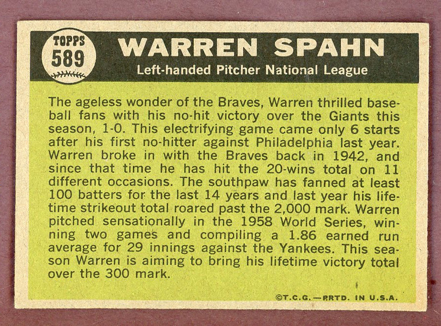 1961 Topps Baseball #589 Warren Spahn Braves A.S VG-EX 568717