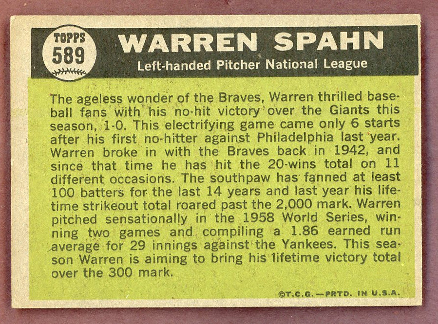 1961 Topps Baseball #589 Warren Spahn A.S. Braves EX+/EX-MT 568718