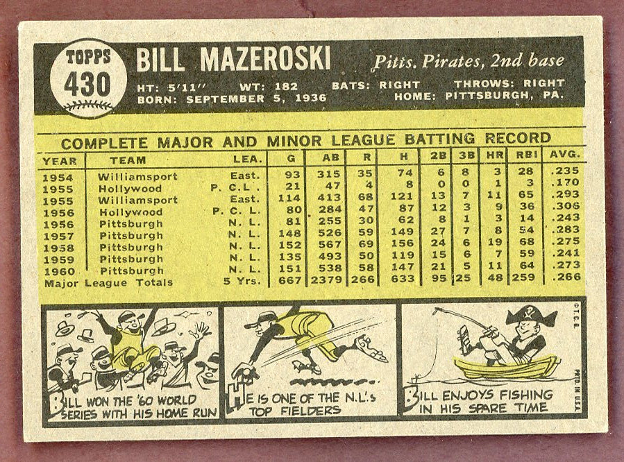 1961 Topps Baseball #430 Bill Mazeroski Pirates EX-MT 568727