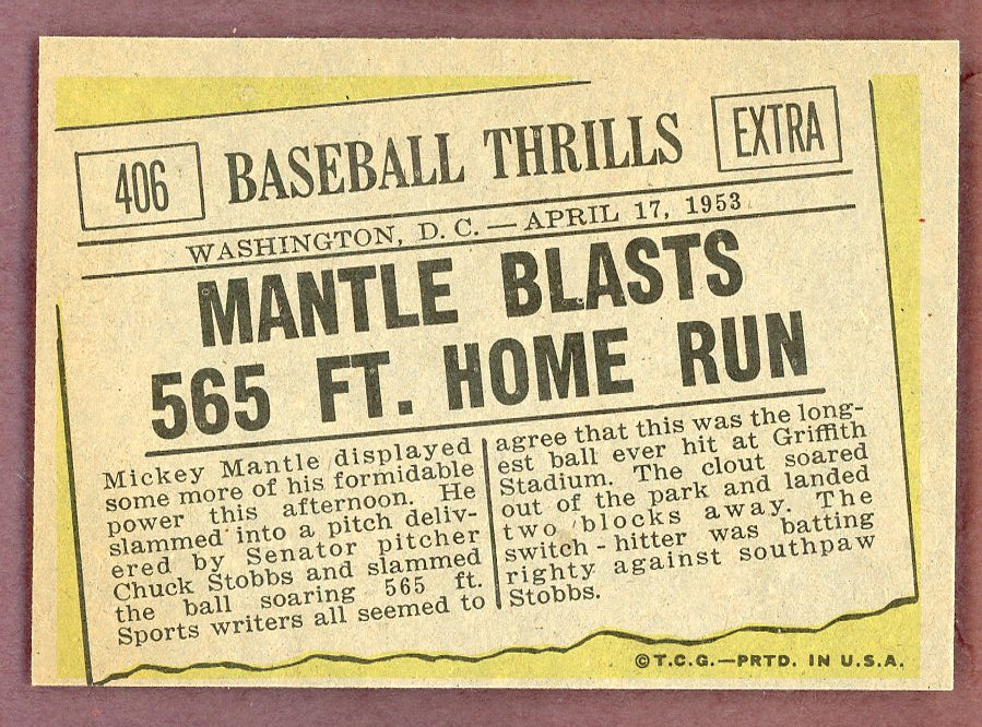 1961 Topps Baseball #406 Mickey Mantle IA Yankees EX-MT 568728