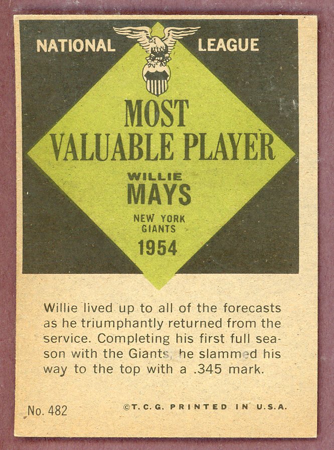 1961 Topps Baseball #482 Willie Mays MVP Giants EX-MT 568730