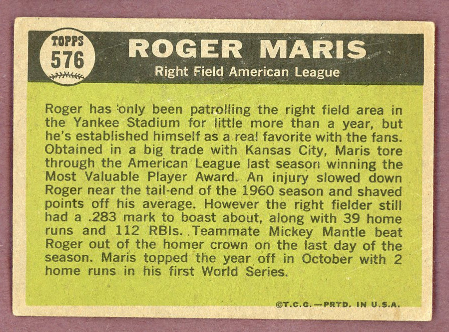 1961 Topps Baseball #576 Roger Maris A.S. Yankees VG-EX 568734