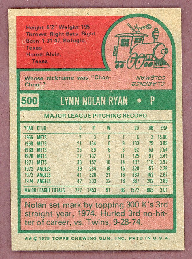 1975 Topps Baseball #500 Nolan Ryan Angels EX-MT 568770