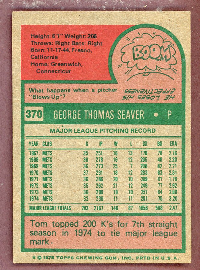 1975 Topps Baseball #370 Tom Seaver Mets EX+/EX-MT 568777