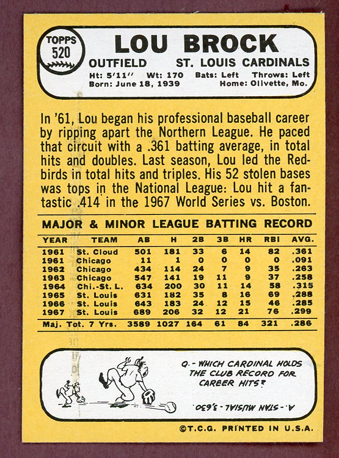 1968 Topps Baseball #520 Lou Brock Cardinals EX-MT 568780
