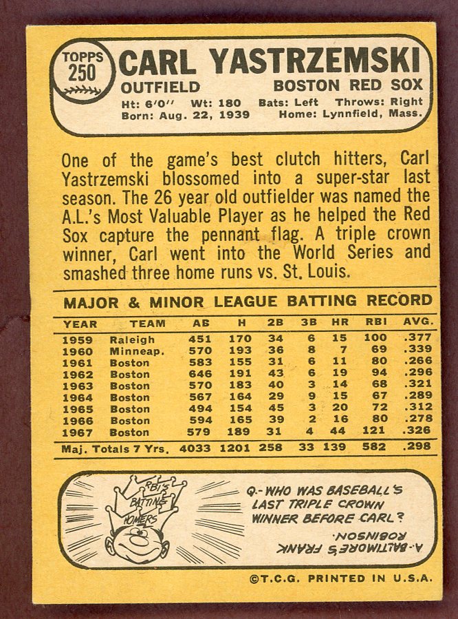 1968 Topps Baseball #250 Carl Yastrzemski Red Sox EX-MT 568781