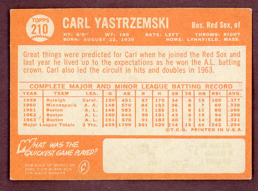 1964 Topps Baseball #210 Carl Yastrzemski Red Sox VG-EX 568842